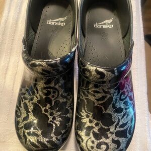Dansko Black and Silver Patterned Mules